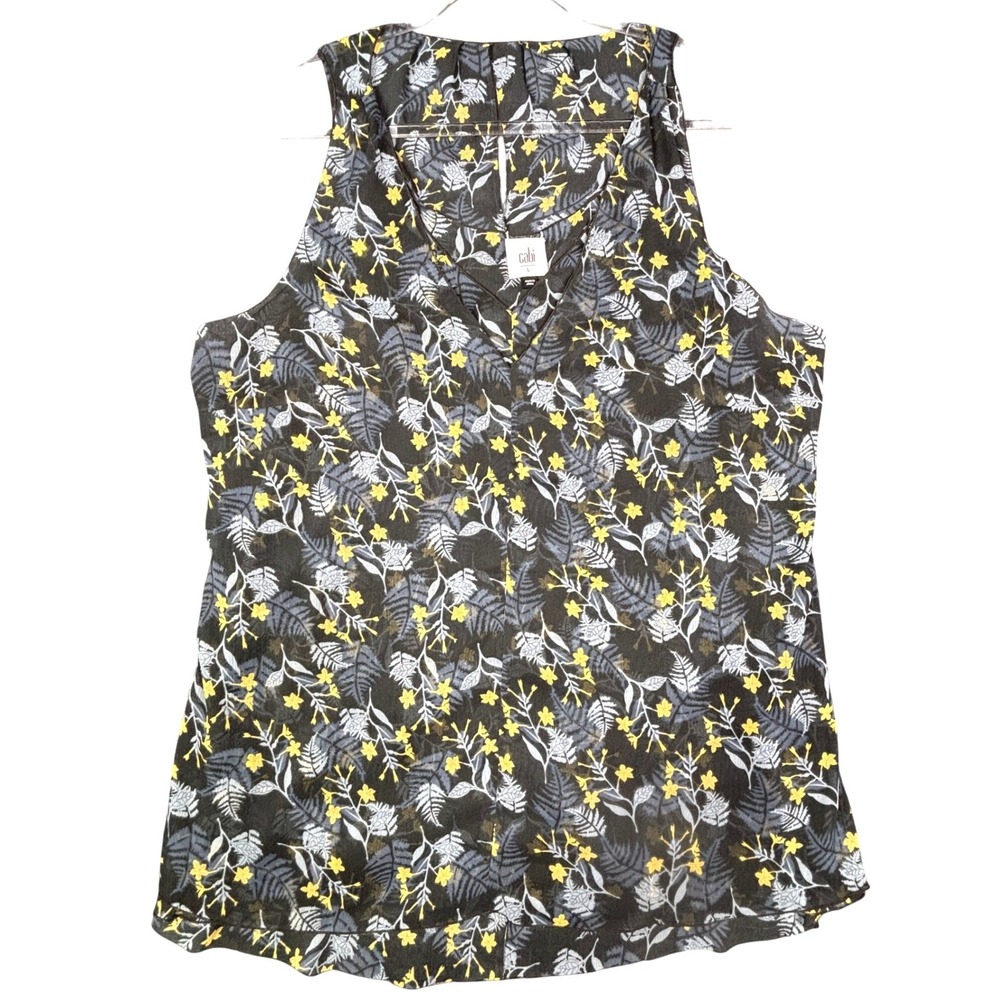 Cabi Womens Large Floral Sleeveless V-Neck Blouse Black Yellow Botanical Tank